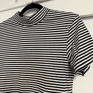 Lazy Oaf striped tee. Black and white. Fitted with high collar.
